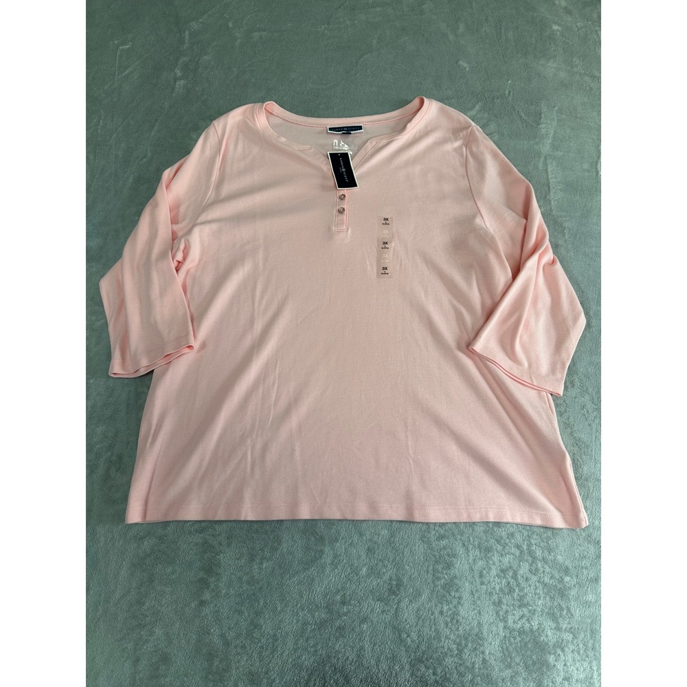 Karen Scott Plus Womens 3X Pink Cotton 3/4 Sleeve Henley Top NWT